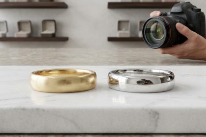 Comparaison d'une bague en platine et d'une bague en or blanc posées sur du marbre blanc dans un atelier de joaillerie