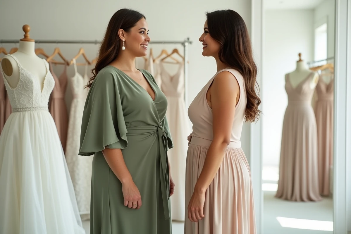 Comparaison de robes fluide et ajustée grande taille pour un mariage dans une boutique de mariée moderne