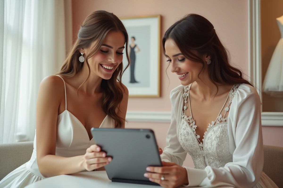 Deux amies comparant des robes de mariée pas chères sur une tablette dans l'espace détente d'une boutique de mariage