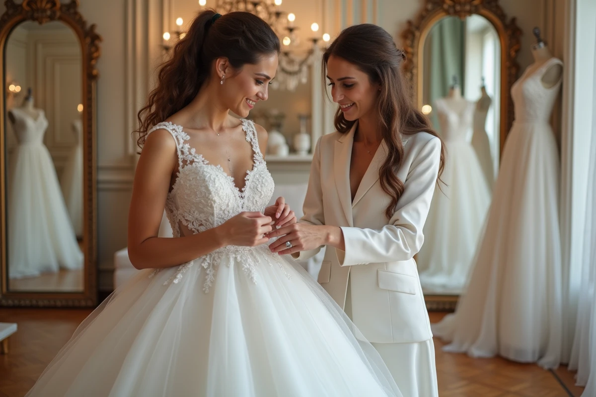 Conseillère ajustant une robe de mariée dans showroom élégant