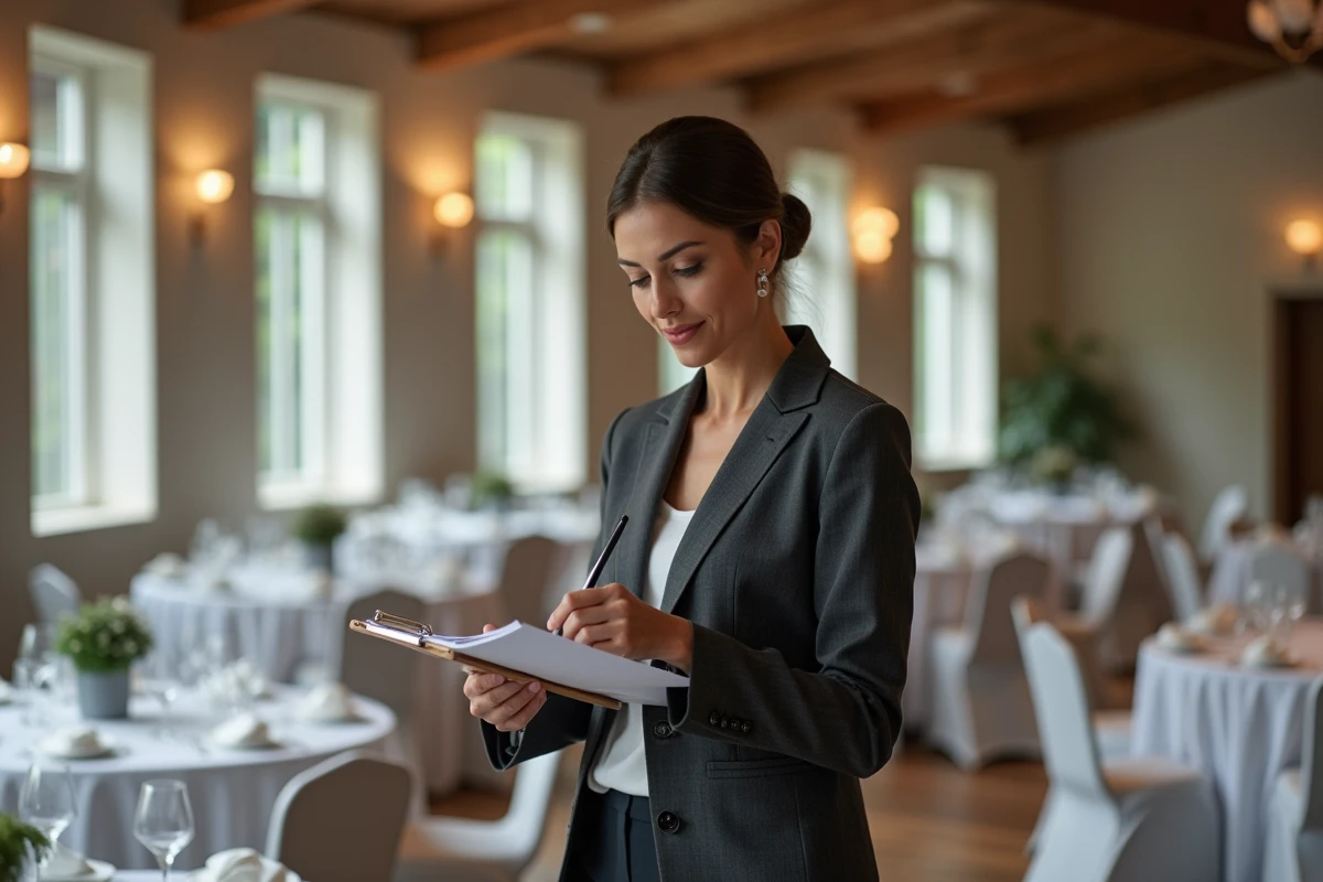 Coordinatrice de mariage vérifiant une liste de contrôle dans une salle de réception en cours de décoration