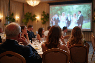Invites de mariage souriants lors de la projection du diaporama