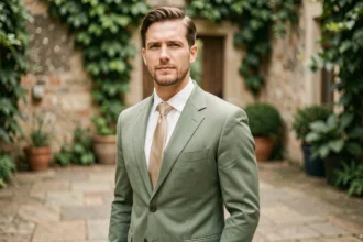 Homme élégant en costume mariage vert sauge dans une cour de jardin en pierre avec végétation