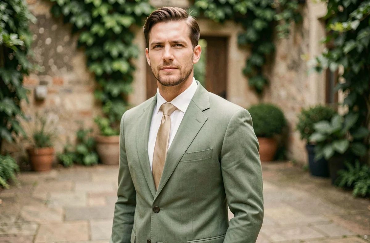 Homme élégant en costume mariage vert sauge dans une cour de jardin en pierre avec végétation