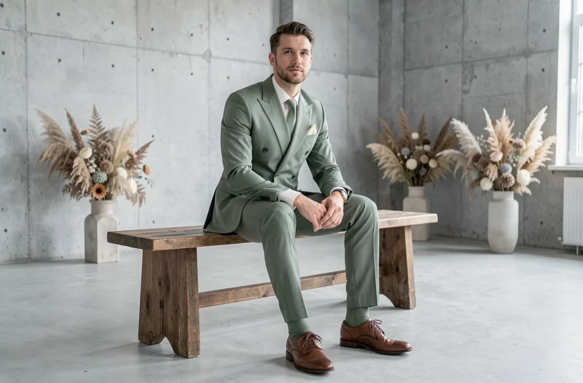 Homme en costume vert sauge assis sur un banc en bois dans une salle de réception moderne et minimaliste