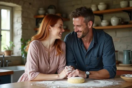 Couple marié depuis 17 ans préparant des pâtes ensemble dans une cuisine rustique en pierre, les mains enlacées et couvertes de farine, souriant complices lors de leur anniversaire de mariage