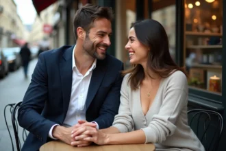 Couple souriant assis dans un café parisien en extérieur