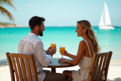 Jeune couple marié souriant au café face à la mer