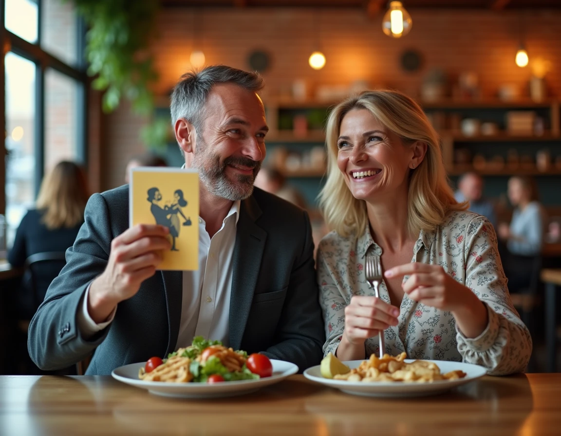 Couple d'âge moyen riant avec une carte humoristique d'anniversaire de mariage dans un restaurant rustique