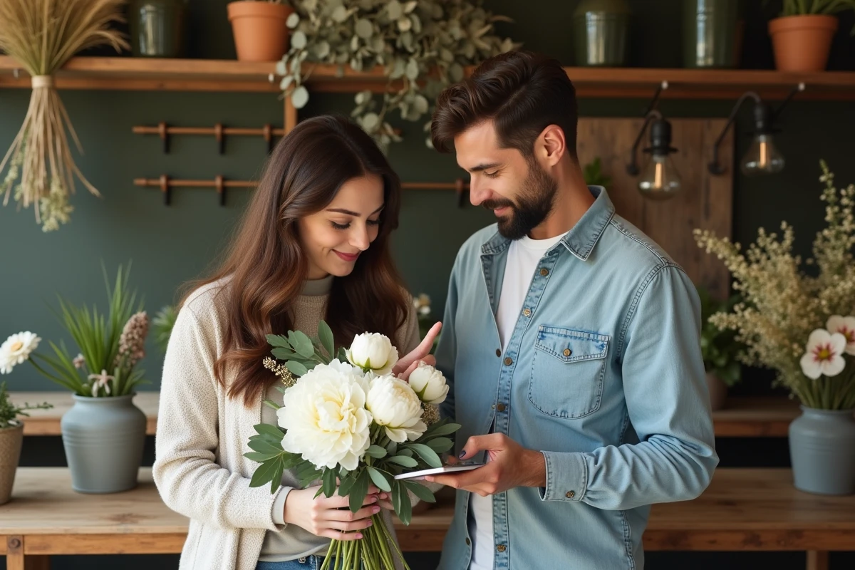 Couple choisissant des fleurs pour leur mariage dans une boutique de fleuriste