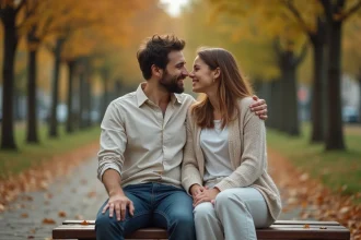 Couple complice assis sur un banc de parc en automne, partageant un moment de tendresse naturelle