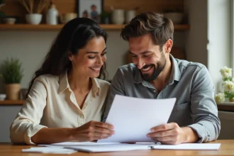 Jeune couple multiculturel assemble des documents dans la cuisine