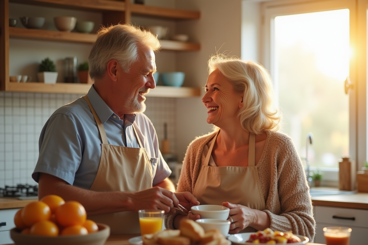 Couple souriant en préparant le petit déjeuner dans une cuisine lumineuse