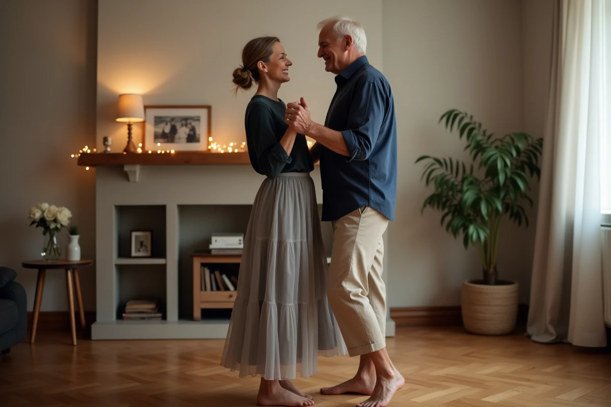 Couple âgé dansant ensemble dans leur salon pour fêter 36 ans de mariage en tenue habillée mousseline