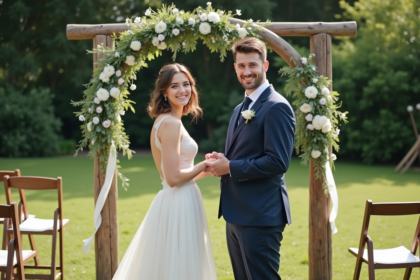 Jeune couple décorant un arc fleuri en extérieur pour mariage