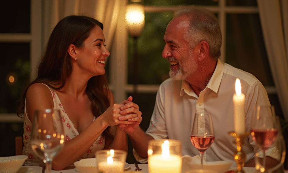 Couple d'âge moyen riant lors d'un dîner élégant anniversaire