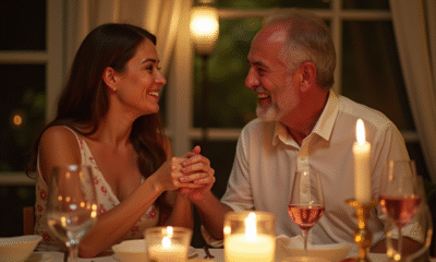 Couple d'âge moyen riant lors d'un dîner élégant anniversaire