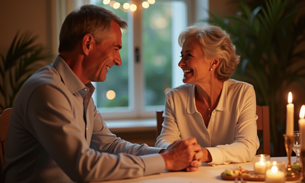 Couple d'âge élégant souriant lors d'un dîner romantique à la maison