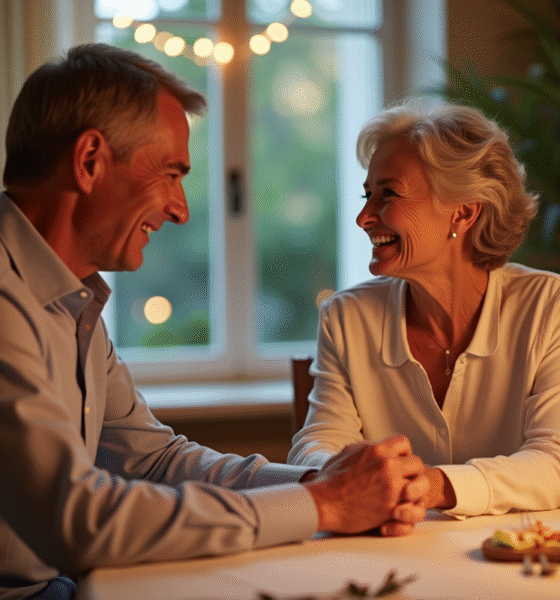 Couple d'âge élégant souriant lors d'un dîner romantique à la maison