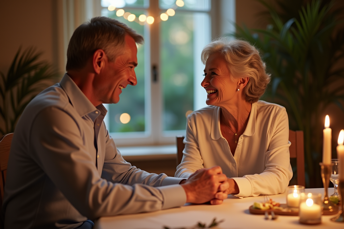 Couple d'âge élégant souriant lors d'un dîner romantique à la maison