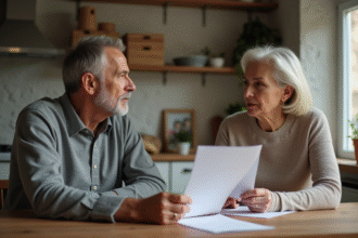 Couple d'âge moyen discutant de documents officiels dans la cuisine
