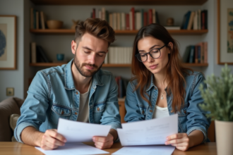 Couple en train de revoir des papiers à la maison