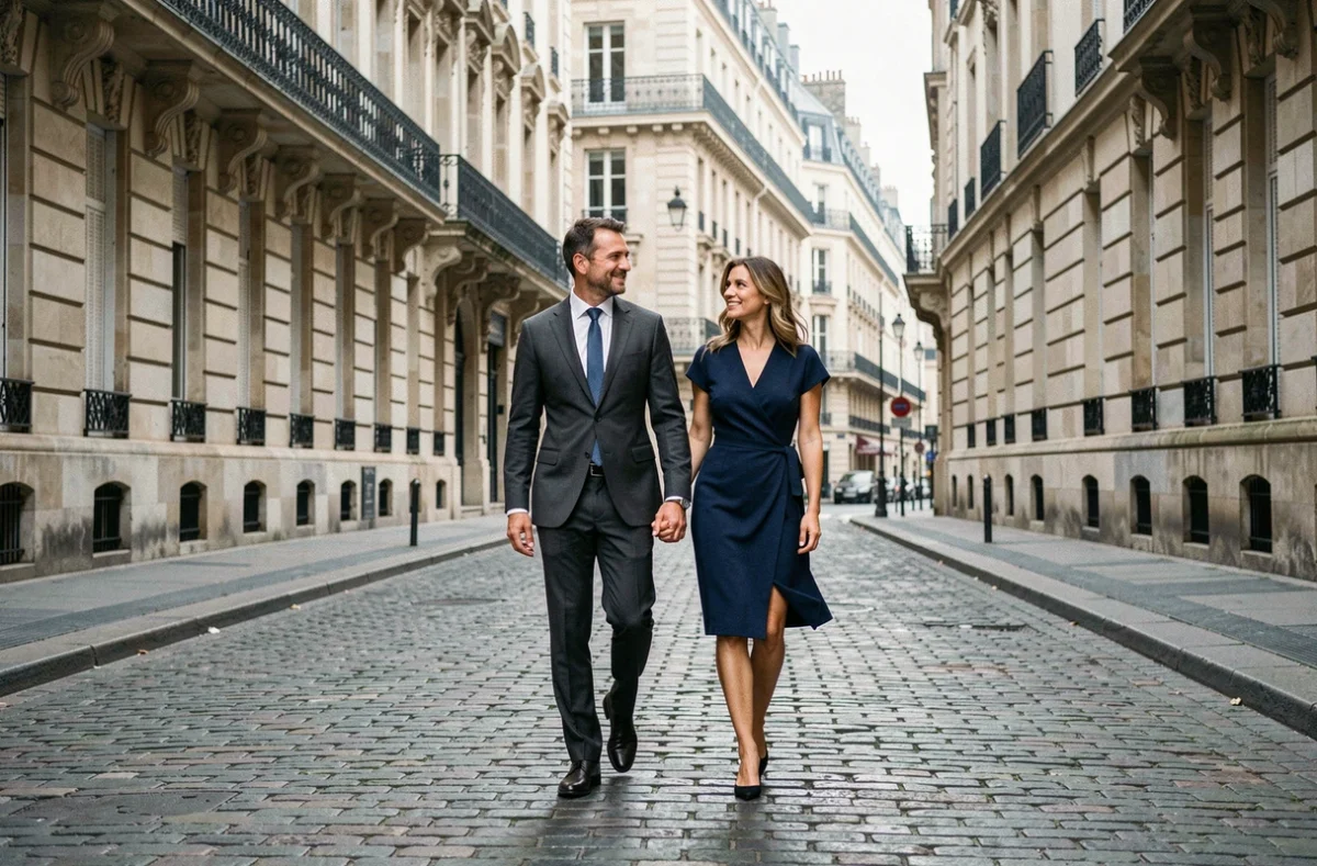 Couple élégant marchant sur un pavé parisien devant des immeubles haussmanniens, illustration d'une histoire d'amour dans la capitale française