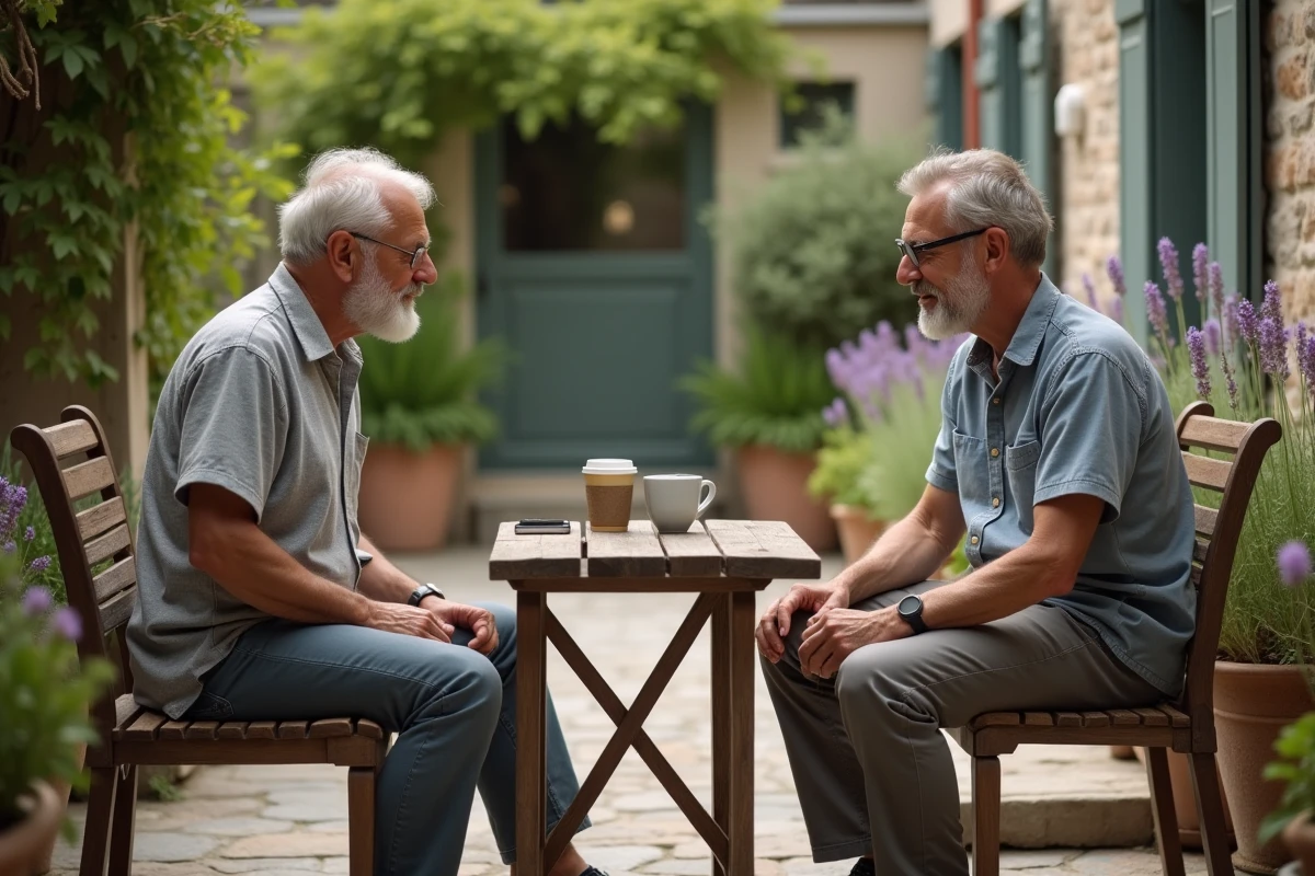 Deux hommes partageant un moment de complicité sur une terrasse privée, illustrant la vie de couple discrète