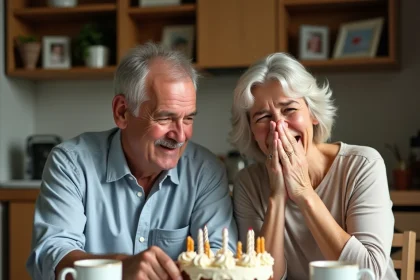 Couple d'âge mûr riant ensemble devant une carte d'anniversaire de mariage humoristique dans une cuisine chaleureuse