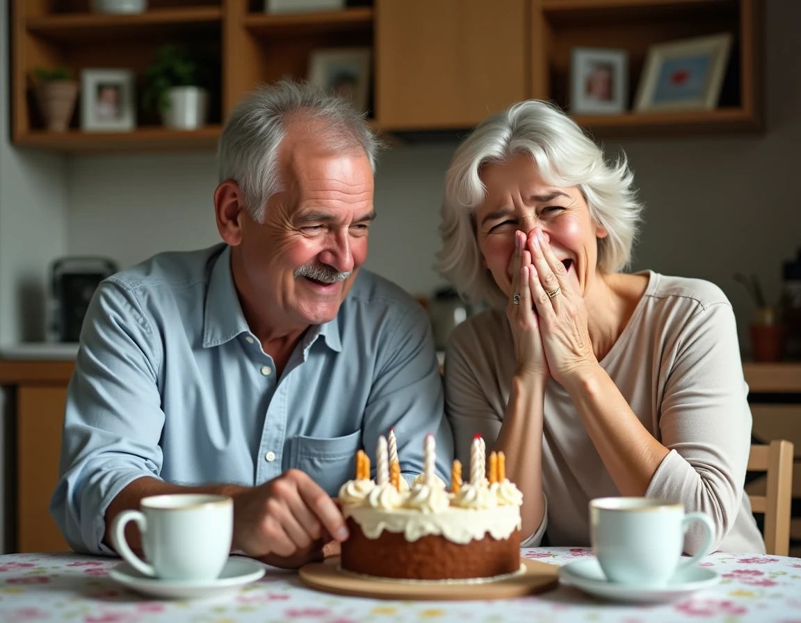 Couple d'âge mûr riant ensemble devant une carte d'anniversaire de mariage humoristique dans une cuisine chaleureuse