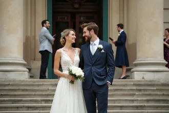 Couple souriant sur les marches d'une mairie française lors d'un mariage civil, robe ivoire et costume bleu marine