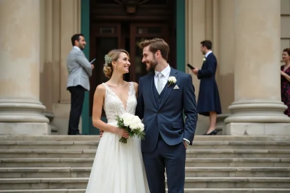 Couple souriant sur les marches d'une mairie française lors d'un mariage civil, robe ivoire et costume bleu marine