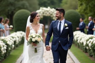 Jeune couple marié dans un jardin fleuri lors d'un mariage
