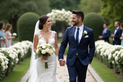 Jeune couple marié dans un jardin fleuri lors d'un mariage