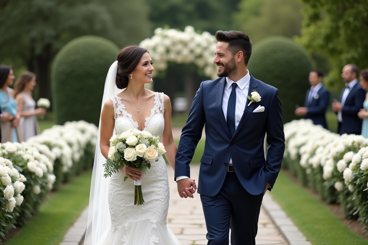 Jeune couple marié dans un jardin fleuri lors d'un mariage