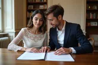 Couple mixte en train de lire des documents de mariage en notaire