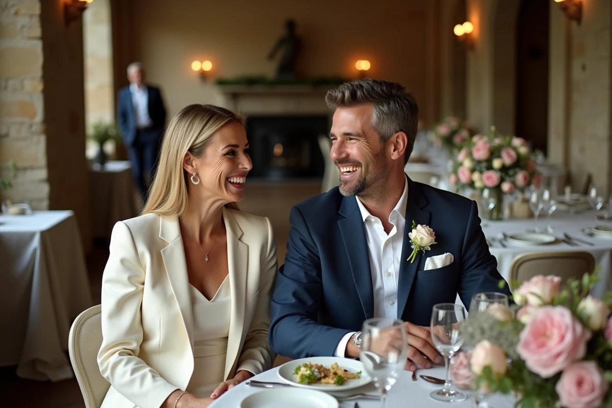 Couple élégant en tenue de mariage riant ensemble à une table décorée dans un lieu de réception parisien en pierre