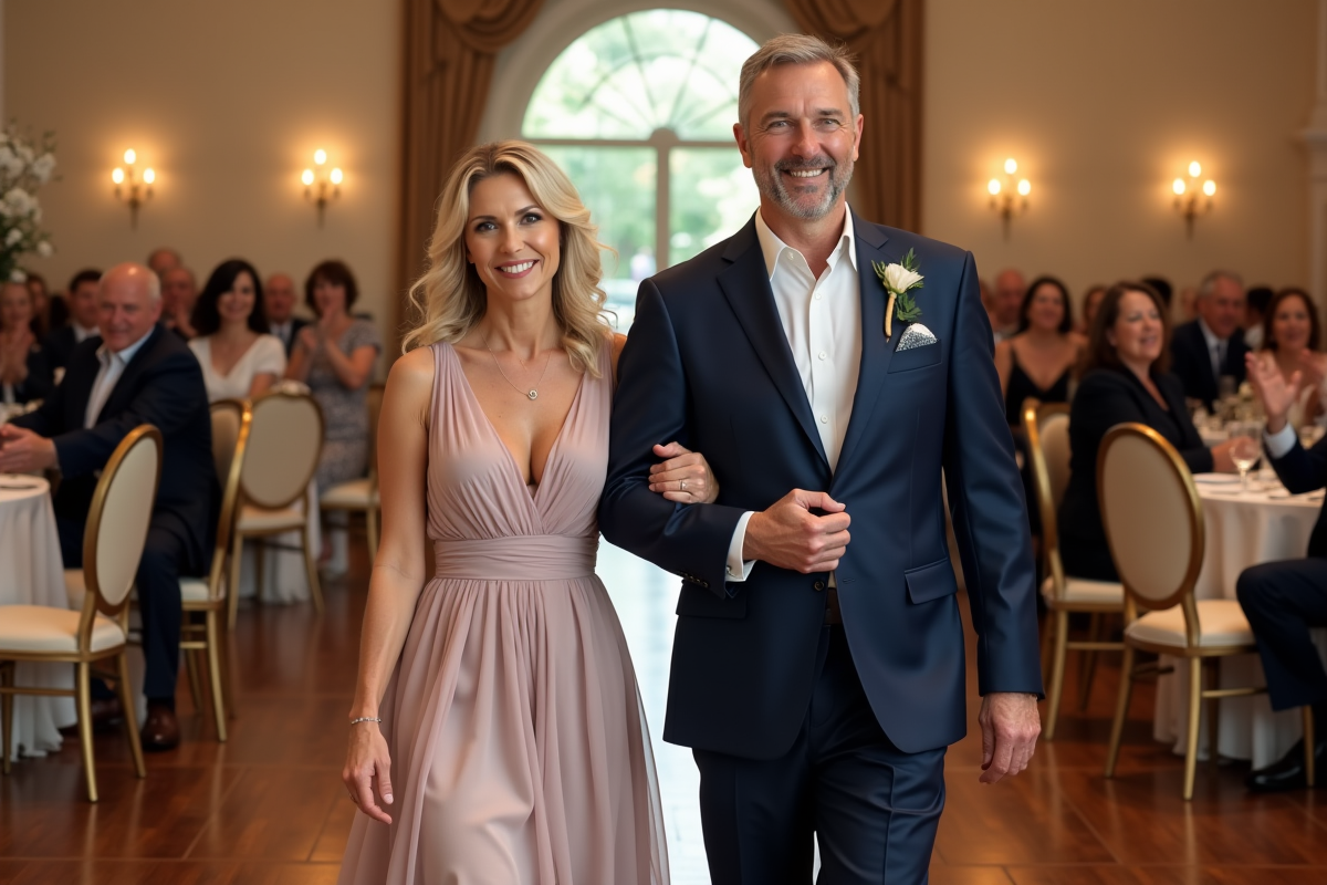 Couple de parents souriants entrant dans la salle de réception de mariage