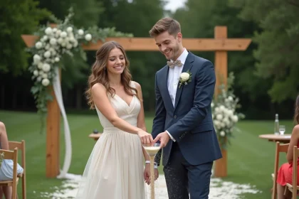 Jeune couple lors d'un mariage laïque versant du sable coloré