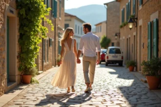 Jeune couple marié marchant dans un village européen ensoleille