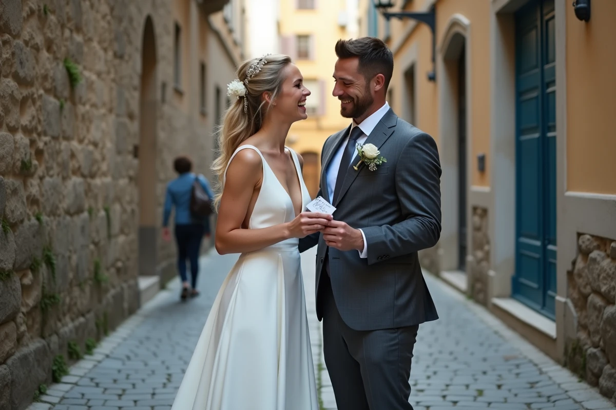 Couple de mariés riant ensemble dans une ruelle pavée européenne, la mariée en robe blanche minimaliste et le marié en costume lin, partageant un moment authentique de leur histoire d'amour