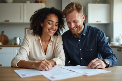 Couple mixte examinant des documents officiels pour un mariage au Danemark à leur retour en France