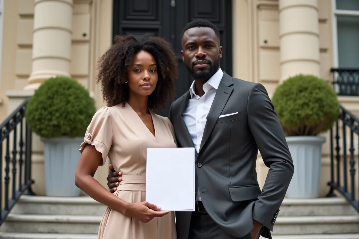 Couple mixte devant une mairie française avec documents officiels après mariage au Danemark