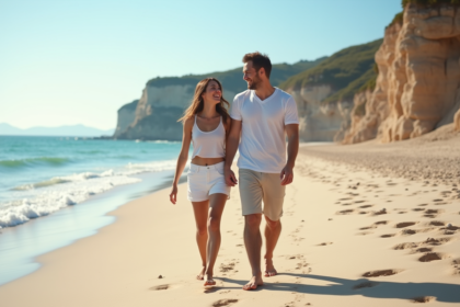 Jeune couple souriant sur la plage de sable