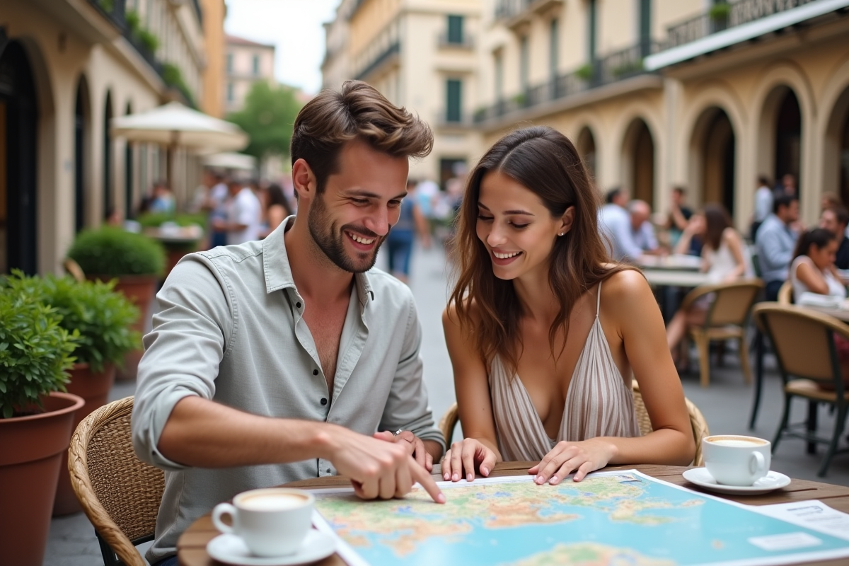 Jeune couple planifie leur voyage au café en plein air