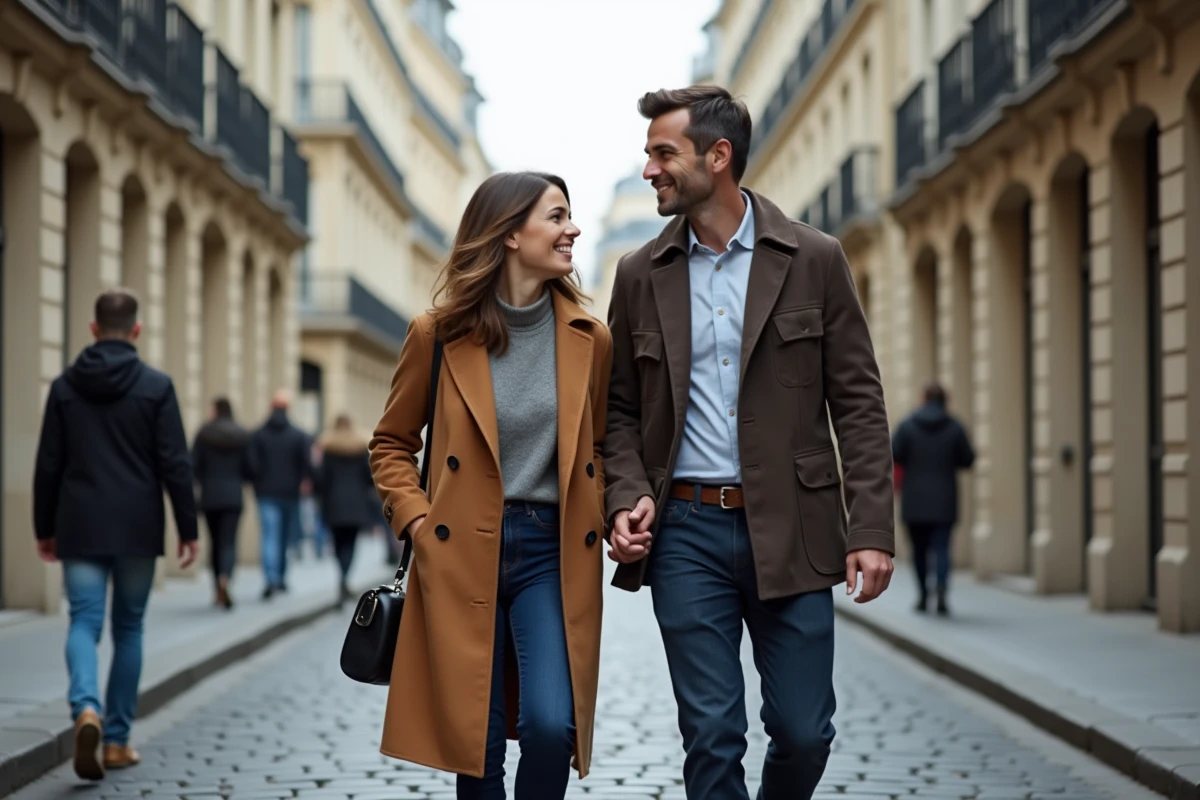 Couple se promenant et conversant dans une rue pavée du quartier parisien, ambiance reportage