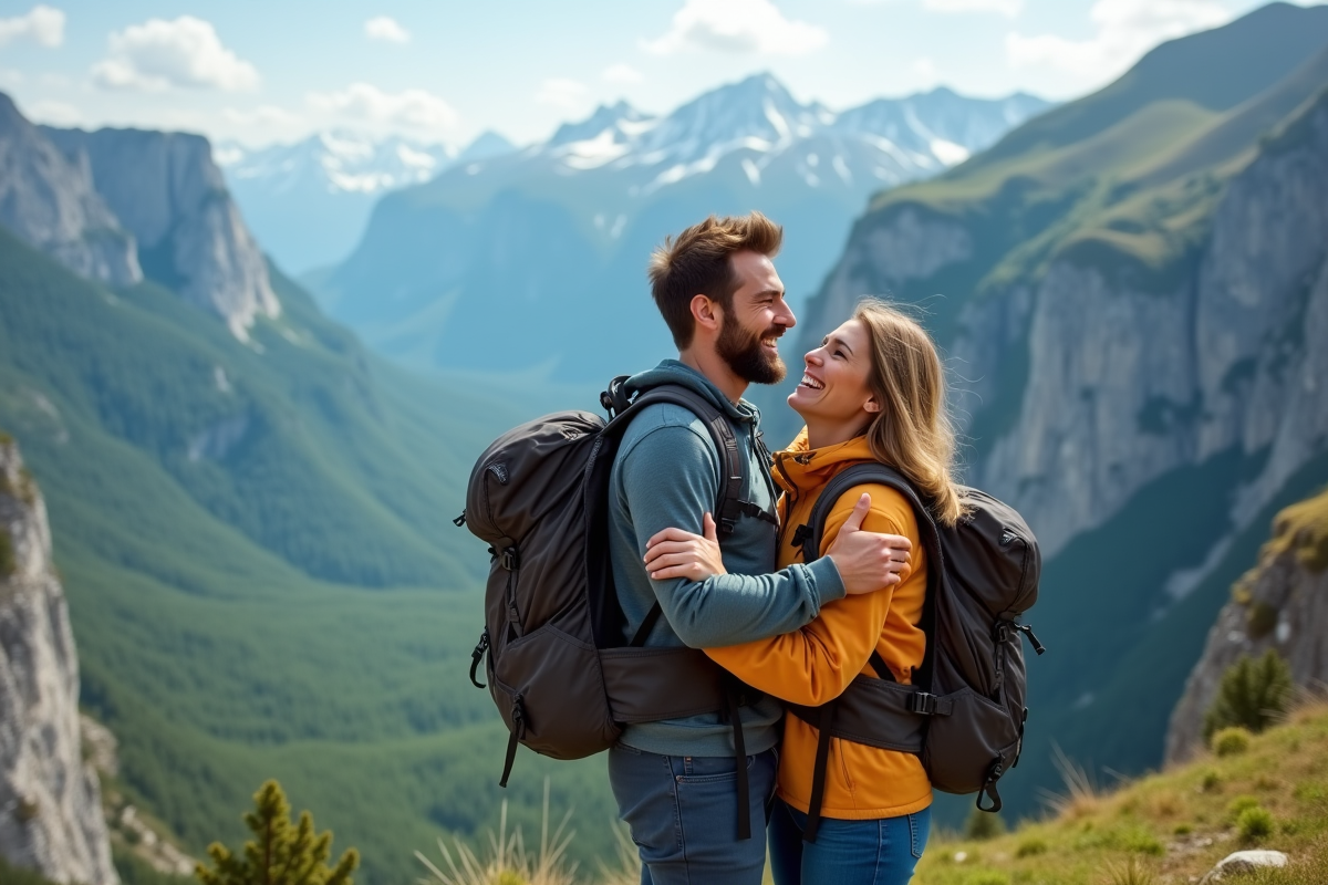 Couple en randonnée en montagne avec vue panoramique