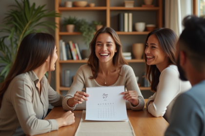 Jeune couple heureux dévoilant leur calendrier de mariage