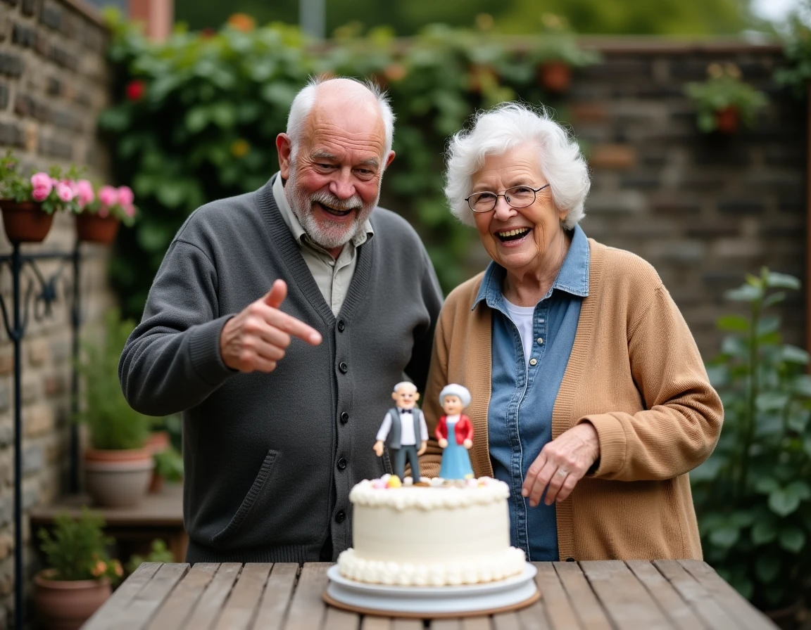 Couple de seniors souriant devant un gâteau d'anniversaire de mariage humoristique dans un jardin fleuri