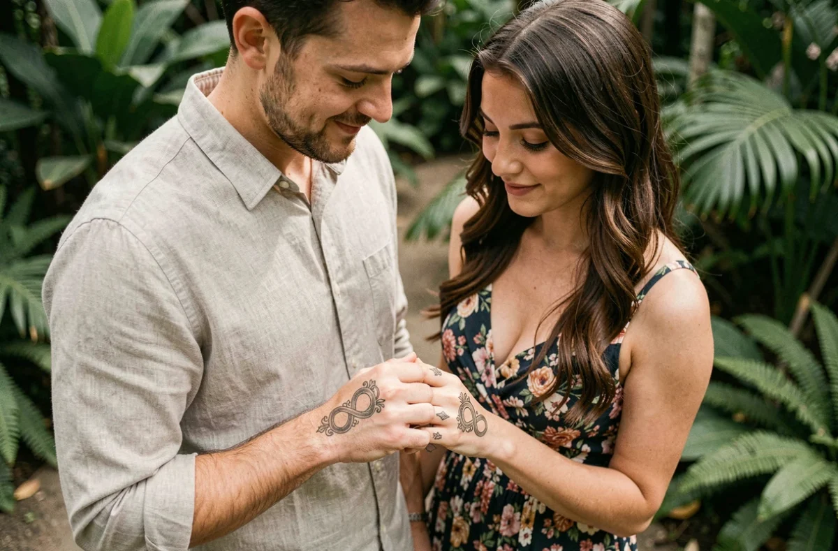 Couple montrant des tatouages alliance infini ornés assortis dans un jardin botanique verdoyant